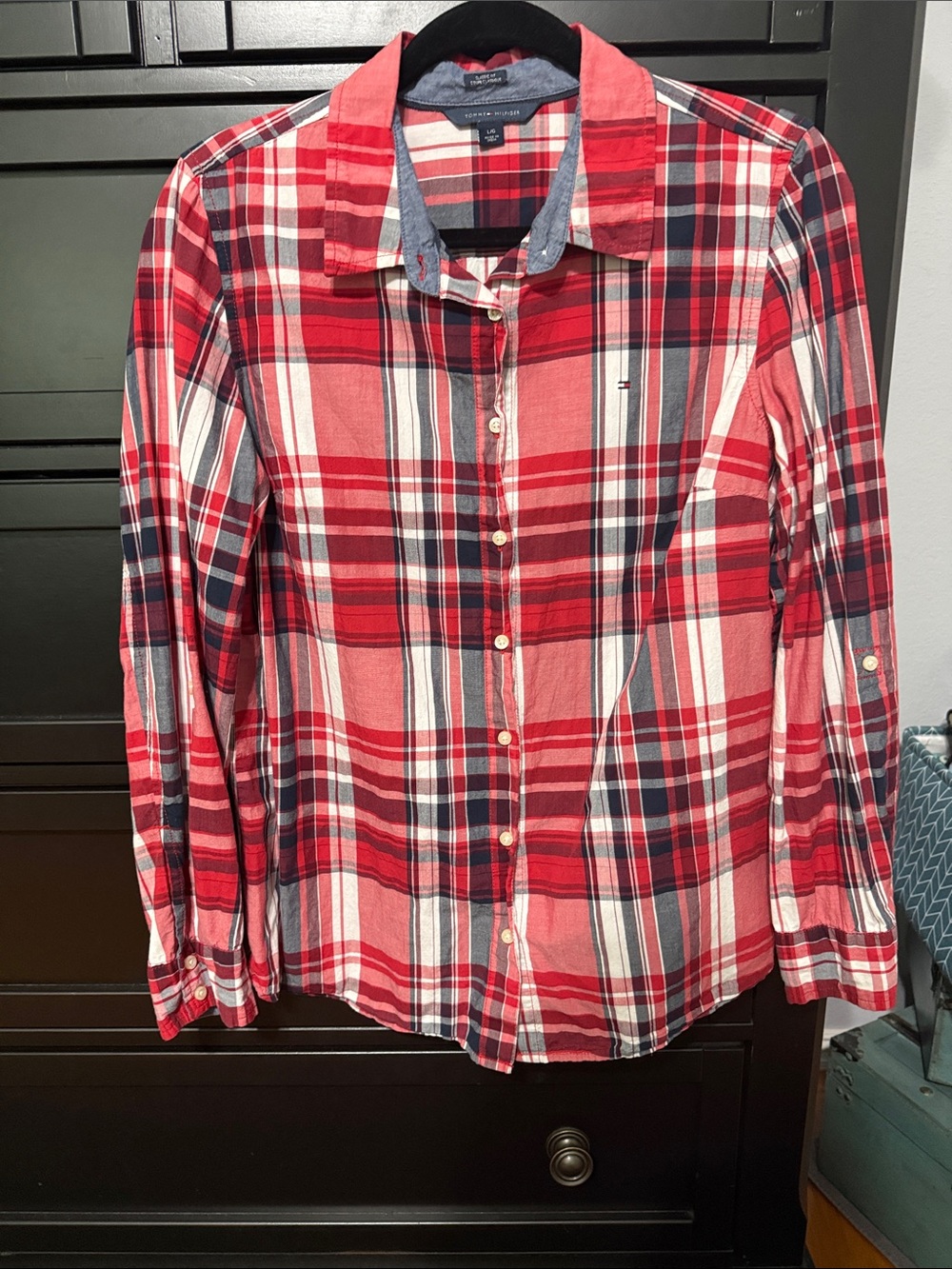 Tommy Hilfiger Red and White Plaid Button-Down Shirt - Men's